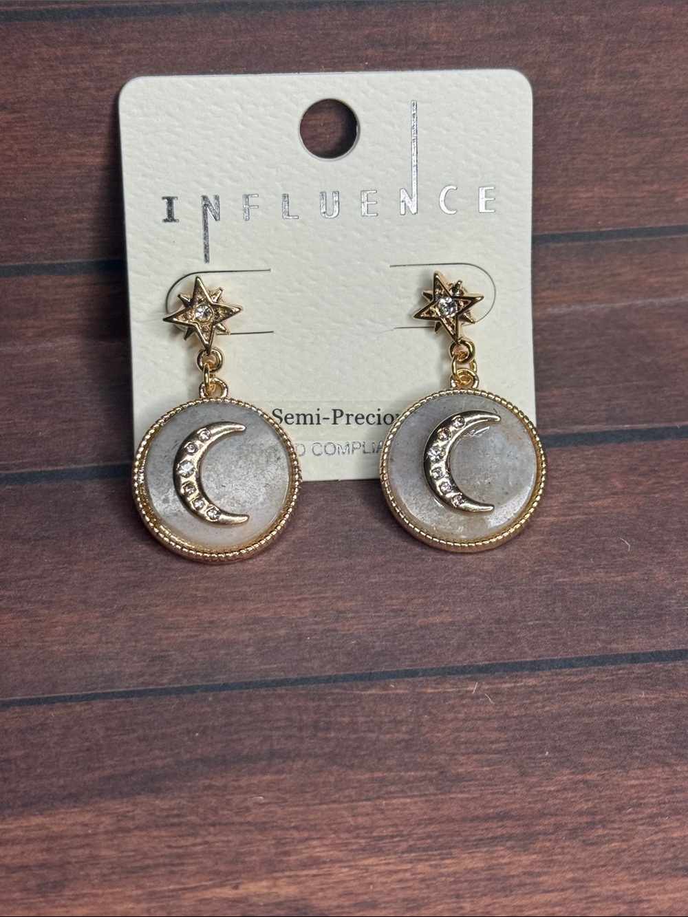 Gold Moon & Star Drop Earrings in Cream/Gray